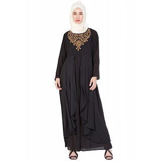 Royal embroidery abaya with pintucks- Black
